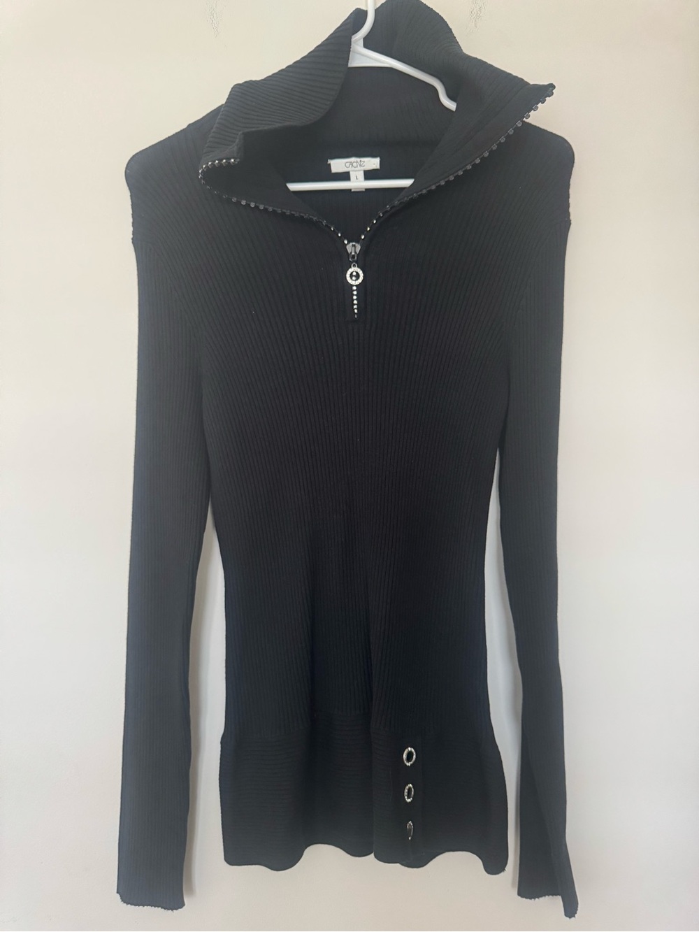 Cache Vintage Black Ribbed Knit 1/4 Zip Sweater Rhinestone Y2K L